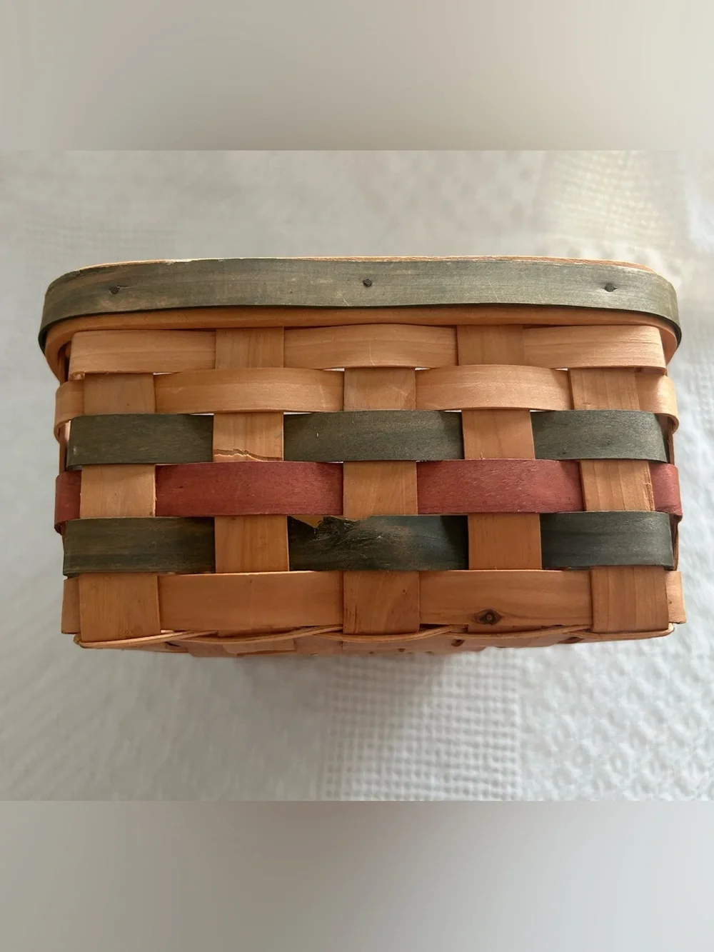 Handwoven Natural Wood Tray Basket with Green and Red Accents